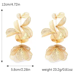 Oversized hollow golden flower drop earrings with size 12cm and weight 23.2g details