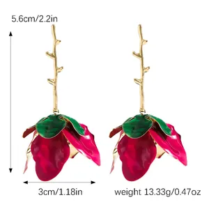 Detailed measurement of 3D rose flower drop earrings featuring a golden branch design