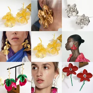 Exaggerated 3D Enamel Flower Drop Earrings For Women European American Fashion Hollow Out Floral Rhinestone Statement Jewelry