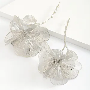 Exaggerated silver oversized 3D hollowed floral drop earrings with branch detail design
