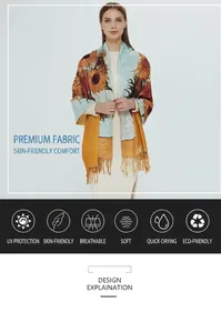 Elegant sunflower oil painting print shawl with fringe detail and soft cashmere-like feel