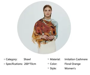 Artistic sunflower oil painting faux cashmere shawl for women with elegant tassel trim