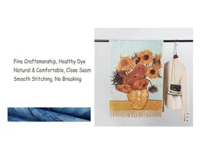 Close-up of Van Gogh's Sunflowers print scarf with soft texture and elegant tassels