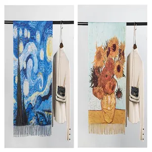 Winter warm cashmere feel scarves with Van Gogh oil painting prints and tassel fringe