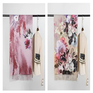 Elegant oil painting floral scarf with fringe tassels, warm cashmere-like long shawl