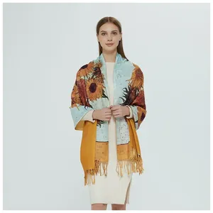 Elegant sunflower oil painting style pashmina scarf with tassels shown on model