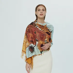 Elegant woman wearing a Van Gogh sunflower oil painting style shawl with tassels