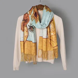 Detail view of pashmina scarf with Van Gogh sunflower oil painting print and tassels