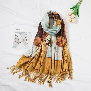 Detailed macro view of the Van Gogh Sunflower oil painting print on a cozy fringed scarf