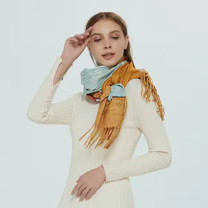 Elegant oil painting style flower vase pattern scarf with decorative tassels for women