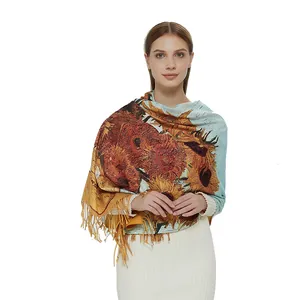 Elegant Van Gogh Sunflower oil painting print shawl with fringe for winter warmth and style