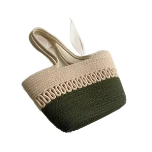 Elegant olive green and beige large capacity cotton rope woven shoulder beach bag style