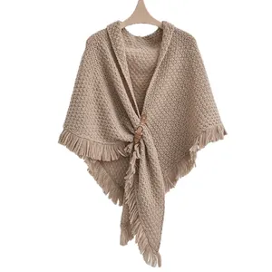 Elegant khaki knitted triangle shawl with fringe and leather buckle detail for women