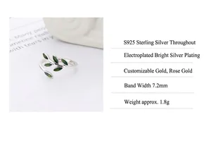 Specifications of the S925 sterling silver ring with green leaf design and polished finish