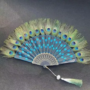 Handcrafted Chinese style folding fan featuring authentic peacock feathers and blue sequins embroidery