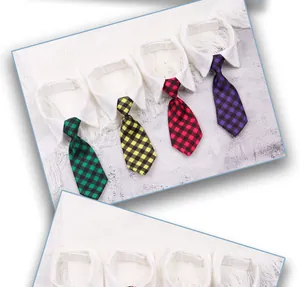 Detail view of colorful plaid pet collar ties in green yellow red and purple colors