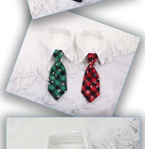 Close-up of green and red plaid pet ties with snowflake patterns and white collars