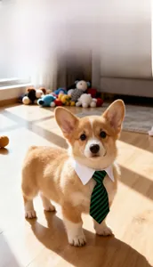 Primo piano di un cucciolo di Corgi con cravatta a righe verdi e colletto per animali