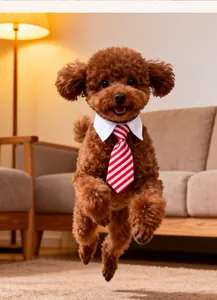 Red and white striped pet tie with a white shirt collar worn by a jumping brown poodle
