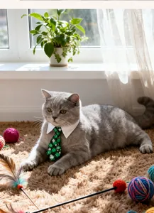 Grey cat wearing a green Christmas checkered tie and white collar in a cozy home setting