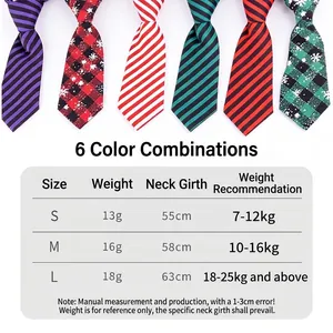 Variety of Christmas-themed pet neckties for cats and dogs with a detailed size chart