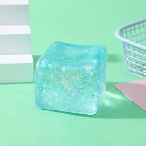 Blue glitter squishy cube toy with slow rebound TPR material for effective stress relief