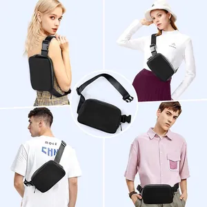 Models wearing black nylon waterproof crossbody bag in various styles.
