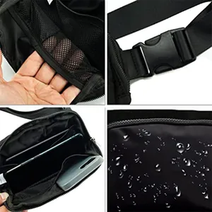 Detailed views of waterproof nylon waist bag showing mesh pocket, buckle, and capacity