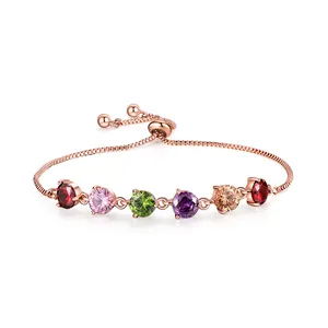 Elegant rose gold adjustable slider bracelet featuring multi-colored cubic zirconia stones