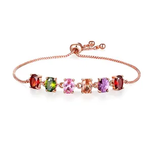 Rose gold adjustable slider box chain bracelet with oval multi-color cubic zirconia stones