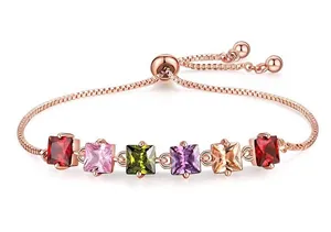 Close-up of adjustable multi-color square cubic zirconia bracelet in rose gold finish