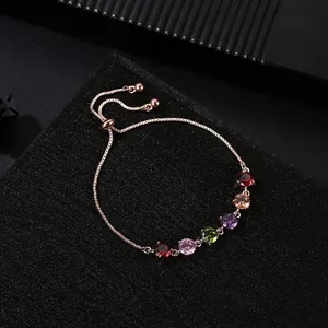 Detailed view of an adjustable rose gold bracelet with vibrant round cubic zirconia