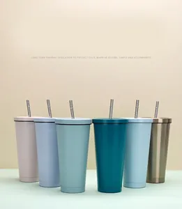 Detail showing six colorful 750ml vacuum insulated stainless steel tumblers with straws.