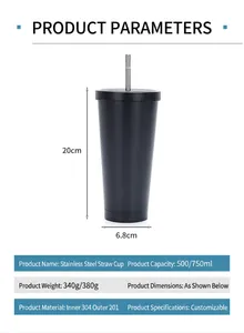 Detail view of 750ml black stainless steel straw tumbler with size parameters
