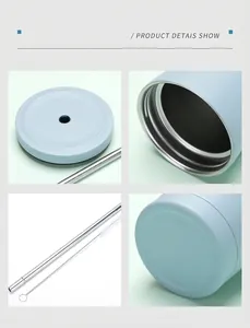 Close-up details of 750ml stainless steel tumbler with straw and brush