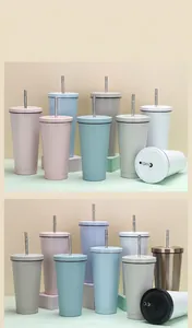 Detailed view of 750ml stainless steel straw cups in various matte pastel colors.