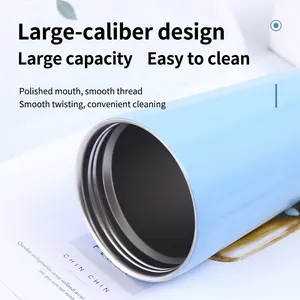 Close-up of 750ml light blue stainless steel vacuum insulated coffee tumbler with wide mouth