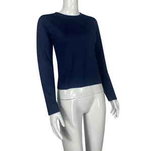 Professional studio shot of a slim fit navy blue long-sleeved women's casual T-shirt