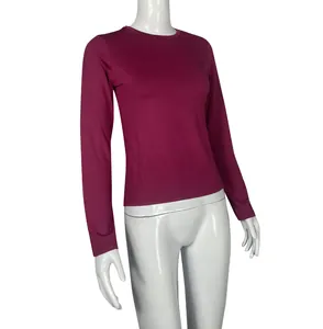 Slim fit long sleeve maroon t-shirt for women, casual crew neck cotton base layer