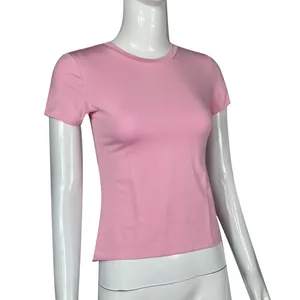 Close-up of a pink slim-fit short sleeve T-shirt showing round neckline on mannequin