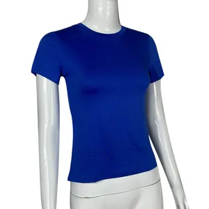 Close-up view of a royal blue slim-fit women's short-sleeved T-shirt on a mannequin