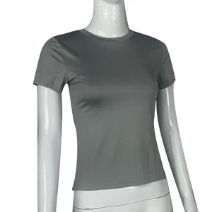 Detailed view of a women's grey slim-fit short sleeve t-shirt displayed on a white mannequin