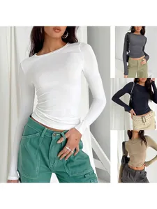 Collage showing detailed views of women's slim-fit long-sleeve T-shirts in four different colors
