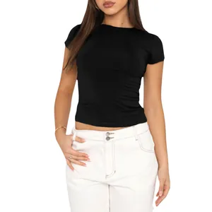 T-shirt nera aderente a maniche corte da donna, top casual a tinta unita scollo tondo