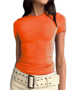 Slim-fit women's short-sleeved casual T-shirt in vibrant orange with a crew neck design.