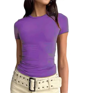 Slim fit purple short sleeve t-shirt for women in casual street style top fashion.