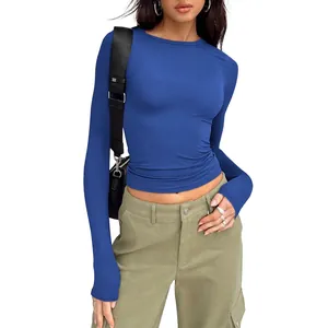 Casual slim fit royal blue long sleeve T-shirt for women, stylish street style top