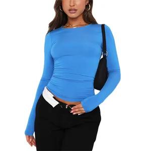 Bright blue slim fit long sleeve crew neck t-shirt for women in casual street style