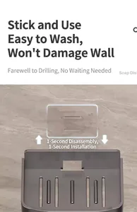 Detail view of a no-drill wall-mounted soap dish with drainage holes and adhesive hook