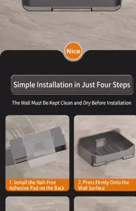 Detail showing installation steps for no-drill wall-mounted drainage soap dish holder
